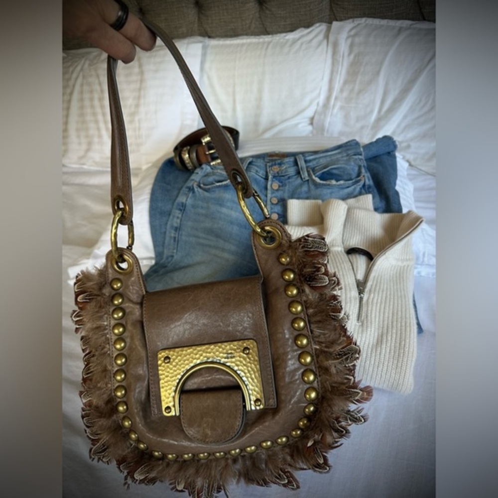 Vintage Diane Von FURSTENBERG DVF Bag with Sequins, Feathers, Brass Hardware